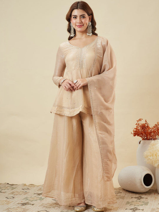 Crunchy Fabric Embroidered Kurta Palazzo Set with Dupatta