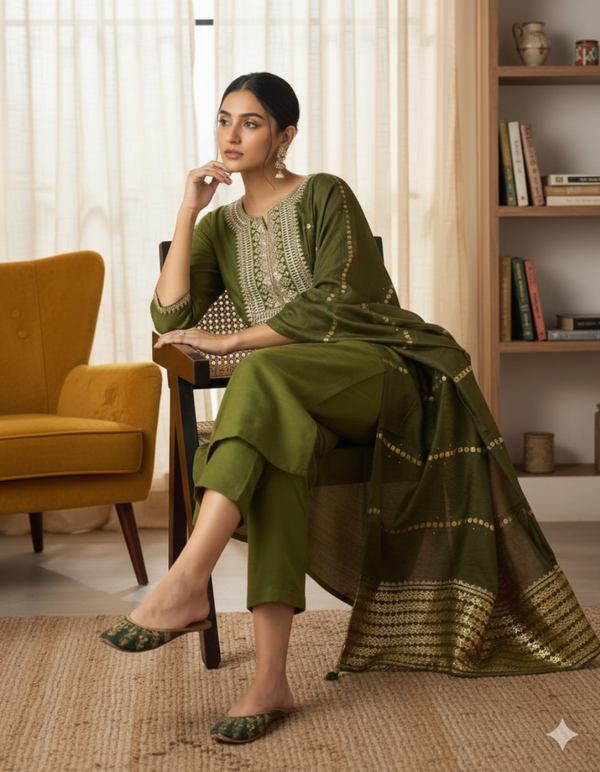 Elegant Colour Embroidered Straight Kurta Set with Pant & Dupatta