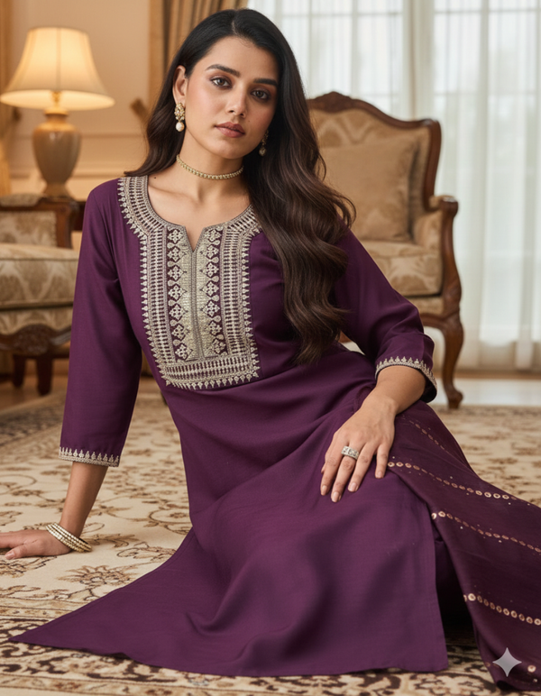 Elegant Colour Embroidered Straight Kurta Set with Pant & Dupatta