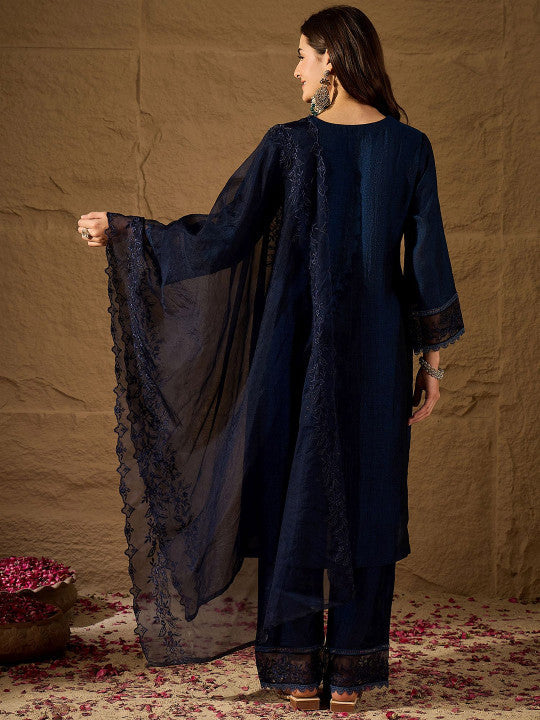 Vichitra Silk Lace Neck Straight-cut kurta Set