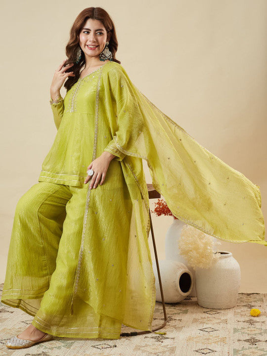 Crunchy Fabric Embroidered Kurta Palazzo Set with Dupatta