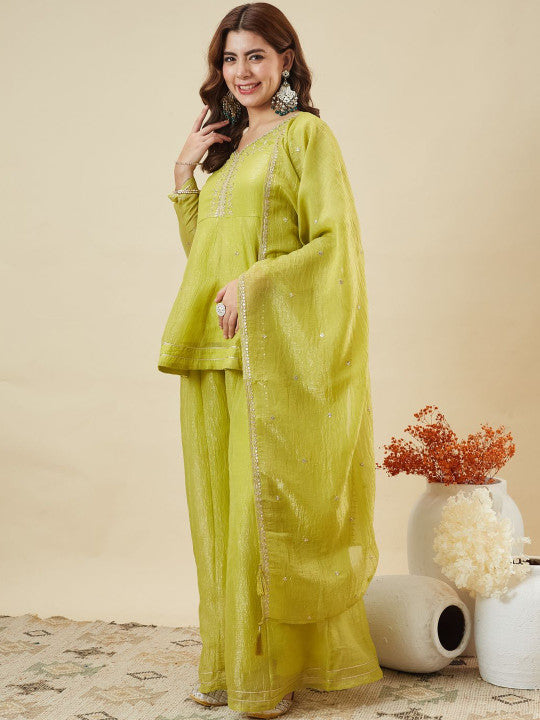Crunchy Fabric Embroidered Kurta Palazzo Set with Dupatta
