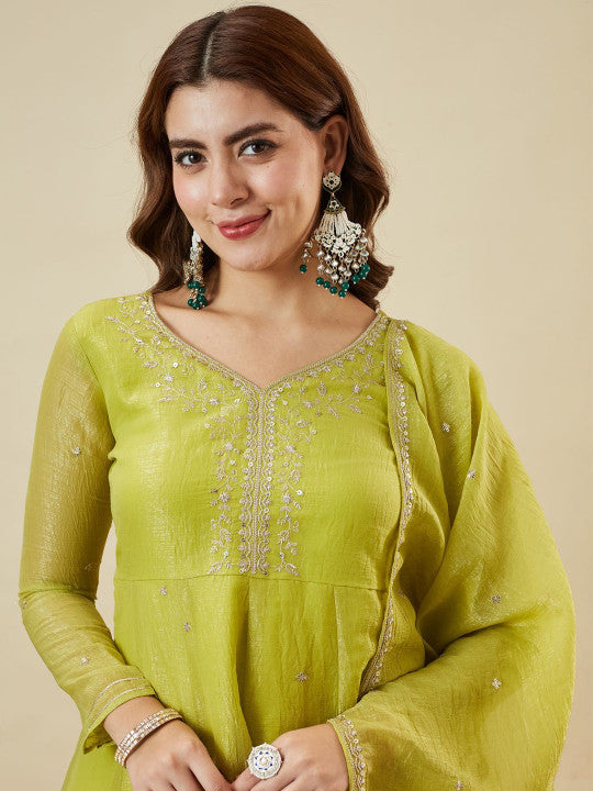 Crunchy Fabric Embroidered Kurta Palazzo Set with Dupatta