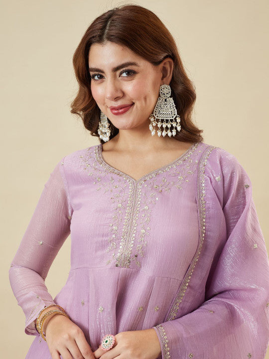 Crunchy Fabric Embroidered Kurta Palazzo Set with Dupatta
