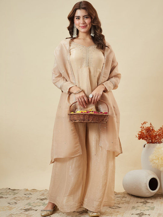 Crunchy Fabric Embroidered Kurta Palazzo Set with Dupatta