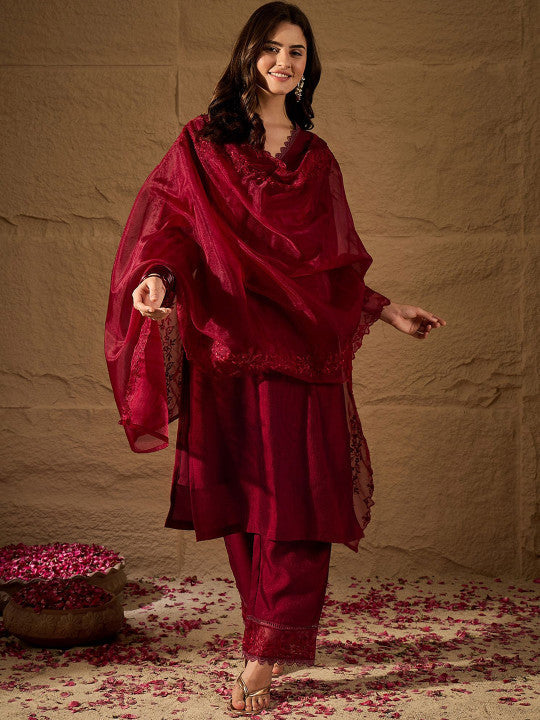 Vichitra Silk Lace Neck Straight-cut kurta Set
