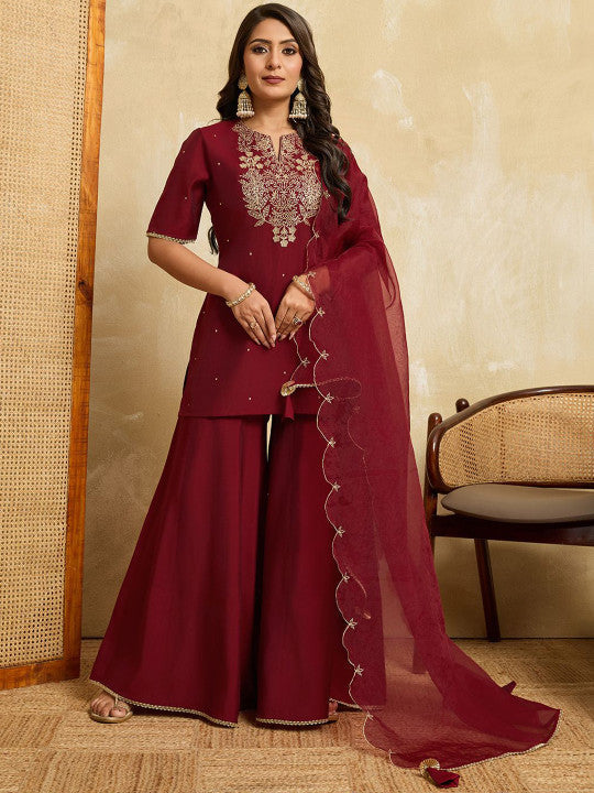 Embroidered Kurta Palazzo Set with Dupatta